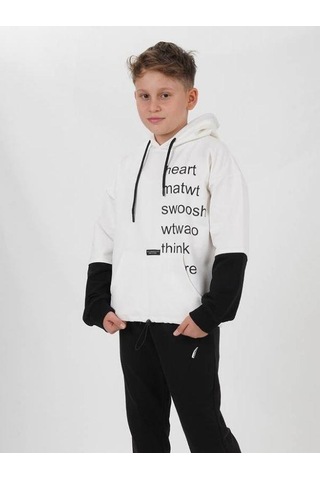 Zekids Çocuk Pamuklu Kapüşonlu Heart Mat Yazılı Sweatshirt-14830 Ekru
