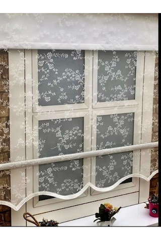 Çiçek Desen Çiftli Sistem Mekanizmalı Tül Ve Stor Perde Beyaz