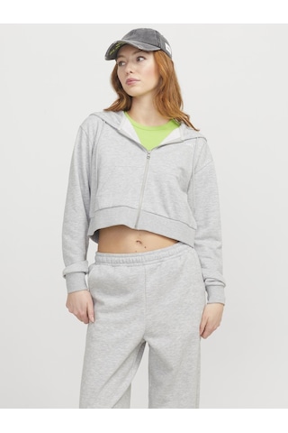 Jack & Jones Kadın Logo Baskılı Fermuarlı Sweatshirt - Alfa - 12258450 Light Grey Melange Açık Gri Melanj