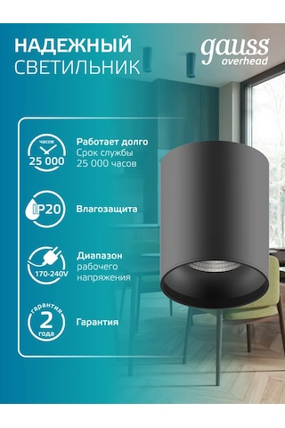 Gauss Tavan Spot Lamba Montajlı Silindirik 12w 4100k Led 396198163 Siyah