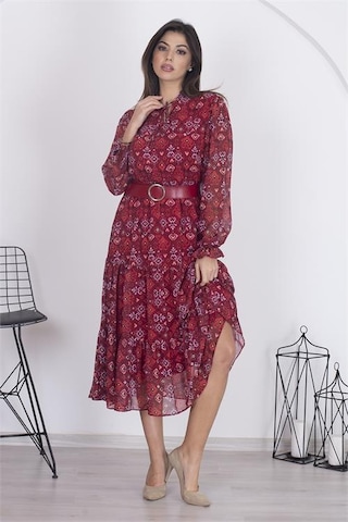 Neşeli Butik Kadın Astarlı Etnik Desenli Şifon Elbise Rsnb002 - Bordo Bordo