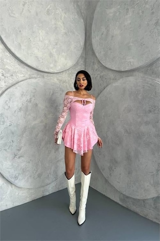 Dip Moda Kadın Bolero Detaylı Güpür Prenses Elbise Dpnbdf107 Pembe