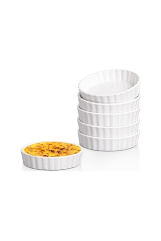 Xurunkeji 5 Oz Creme Brulee Kapları, Yuvarlak Yivli Kiş Kapları, Tart Tepsisi, Fırında Pişirmeye Uygun Kaplar, Sufle, 6'lı Paket Kaplar Beyaz
