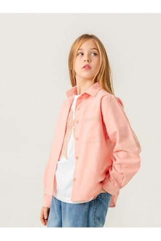 Giyicem Kız Çocuk Cep Dantelli Gömlek T-shirt İkili Takım 1803 Somon