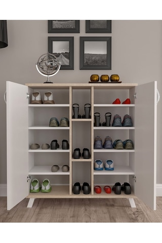 AE-3050 Ecem 2 Kapaklı Raflı Bölmeli Çok Amaçlı Beyaz Ayakkabılık Beyaz