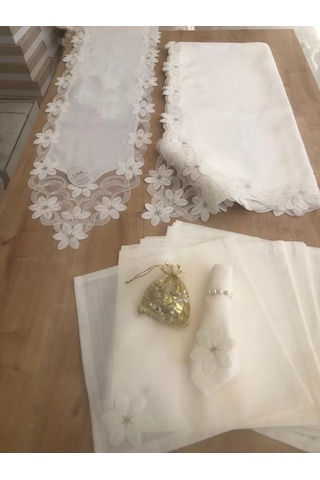 Sofra Takımı Evita Gardenya Keten Yemek Takımı 160x260 Masa Seti 26 Parça Runner Set Krem