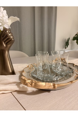 Oval Aynalı Kulplu Dekoratif Tepsi Vizon & Altın Varaklı 48x29 Cm