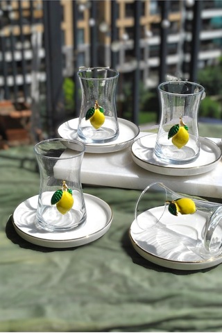 12 Parça Limonlu Çay Seti Limon Dekorlu Çay Bardağı Ve Gold Porselen Çay Tabağı Çok Renkli