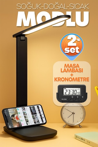 2li Set Şarjlı Masa Lambası + Kronometreli Öğrenci Saati Mod Ayarlı Ders Çalışma Okuma Lambası 7032s Siyah