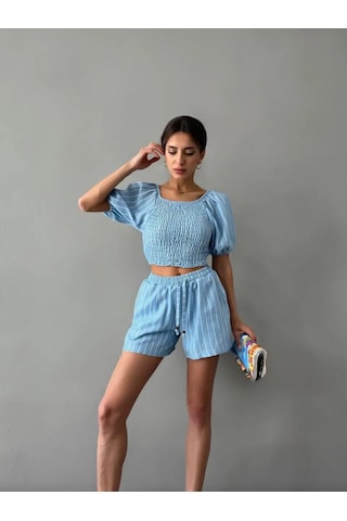 Adisia Kadın Mavi Ikili Keten Crop Şort Astarlı Alt Üst Takım mavi