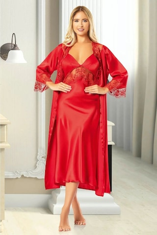Faal 2606 Kadın Dantel Detaylı Saten İp Askılı Uzun Gecelik Sabahlık Takım-kırmızı Kırmızı
