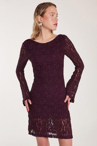 Tudors Kadın Slim Fit Dar Kesim Uzun Kollu Sırt Dekolteli Örgü Detaylı Mürdüm Elbise-34205 Mürdüm