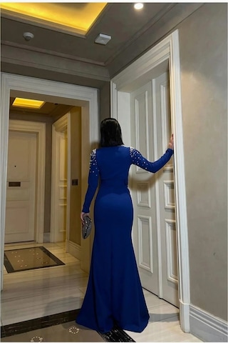 Veraura Lifestyle Kadın Yeni Sezon Yaka Taş Detaylı Maxi Abiye Elbise Saks