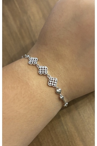 Kadın Kalp Detay Taşlı Yonca Model Gümüş Bileklik Silver