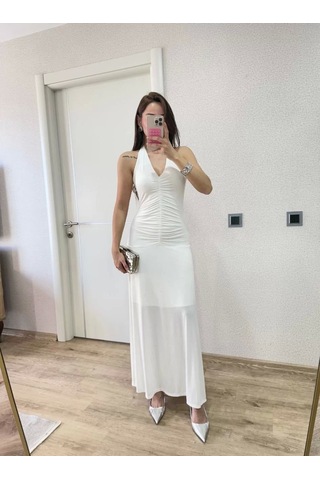 Sırt Dekolteli Uzun Elbise - Beyaz Beyaz