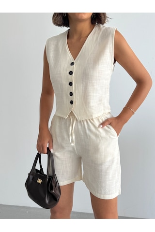 Kadın Keten Yelek Şort Alt Üst Takım Krem
