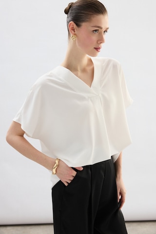 Sateen Geniş Kısa Kollu Bluz - Ekru-136761 Ekru