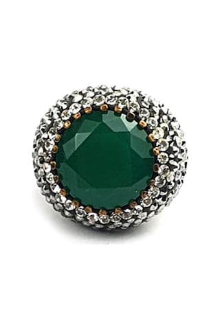 Kök Zümrüt Taşlı Swarovski Taş Detaylı Gümüş Tasarım Yüzük 19