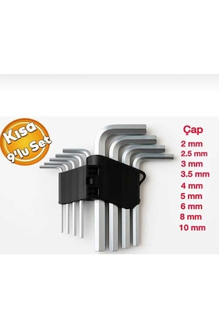 Çelik 9'lu Kısa Alyan Takımı 2.0mm 2.5mm 3.0 Mm 3.5 Mm 4.0 Mm 5.