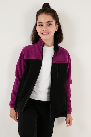 Lela Yumuşak Dokulu Fermuarlı Renk Bloklu Dik Yaka Cepli 2'Li Paket Hırka Çocuk Polar 5905001S2 Lila Siyah-Mor Siyah