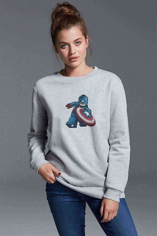 Captain America Lego Baskılı Gri Kadın Sweatshirt