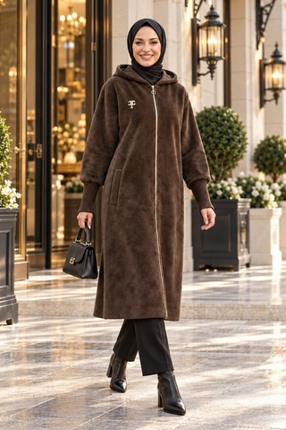 Hb Harma Time Butik Kadın Fermuarlı Kapüşonlu Angora Kahverengi Kürk Kaban