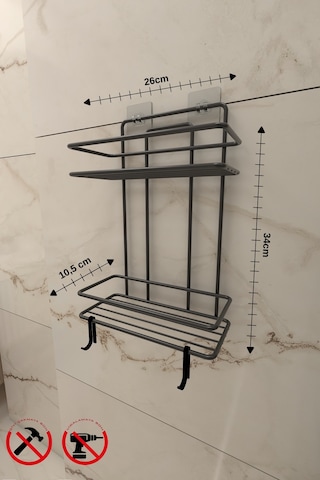 Ömür Boyu Paslanmaz Yapışkanlı Siyah 2 Katlı Düz Banyo Şampuanlık Tş02, Delmeye Son, Matkap Vida Yok Çok Renkli