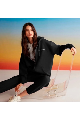 Grimelange Ametıs Kadın Oversize Organik Pamuklu Metal Fermuarlı Kapüşonlu Siyah Sweatshirt Siyah