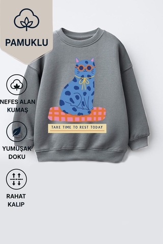 Monila Kız Çocuk 3 İplik Kumaş Pamuklu Mavi Kedi Baskılı Sweatshirt Antrasit