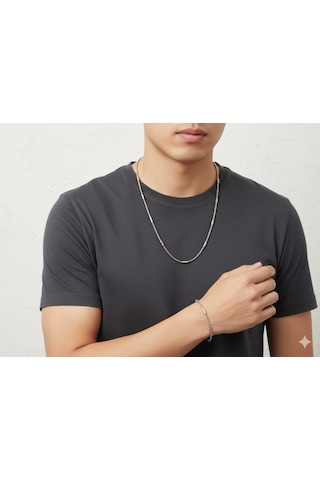 Akfecan Erkek Unisex Kadın Paslanmaz Çelik Kolye Bileklik Seti Gümüş