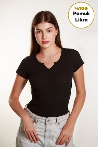 Kadın Basic Fitilli Likralı V Yaka Kollu Tshirt Atlet Bluz Siyah