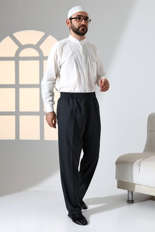 Erkek Rahat Kesim Beli Lastikli Cepli Hac Ve Umre Kumaş Şalvar Pantolon - Antrasit İsr 001