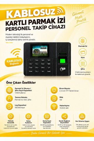Wifi Kablosuz Parmak İzi Ve Kartlı Personel Giriş Çıkış Cihazı Ve Yazılımı 20 Kart Dahil
