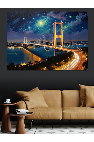 Gece Işıklarıyla İstanbul Boğaz Köprüsü Dekoratif Kanvas - Mdf Ahşap Tablo