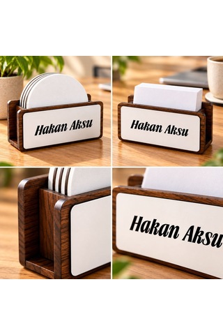 Bk Gift Kişiye Özel Ahşap Masaüstü Stand Kartvizitlik Ve Bardak Altlığı Tutucu Çok Renkli
