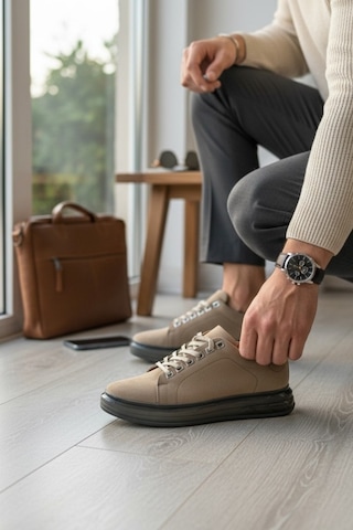 Enoch Hakiki Deri Günlük Bağcıklı Erkek Ayakkabı Jel Görünümlü Taban Sneaker Bej