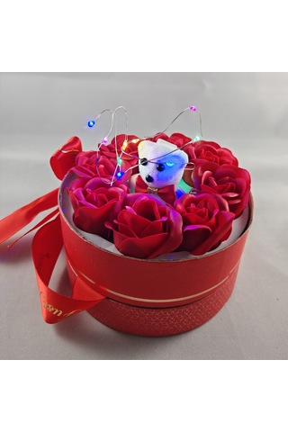 Ledli Ayıcıklı Ve Solmayan Gül Fanus Takı Hediye Kutusu