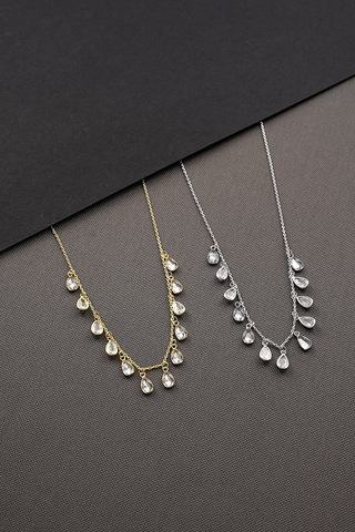 925 Ayar Gümüş Ful Damla Zirkon Taş Sallantılı Kolye Altın