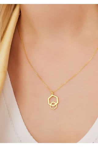 Dkmn Gümüş İç İçe Altıgen Kolye 925 Ayar Kadın Gümüş Kolye