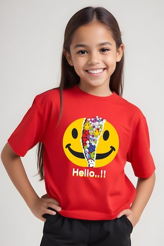 Panios Kids Emoji Baskılı Kız Çocuk Kısa Kollu T-shirt Kırmızı
