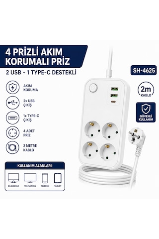 Sh-4629 4 Lü Topraklı Akım Korumalı Priz 2 Usb 1 Type-c Şarj Çıkışlı 2 Metre Kablolu Anahtarlı Çoklu Grup Priz Uzatma Kablosu 2 M