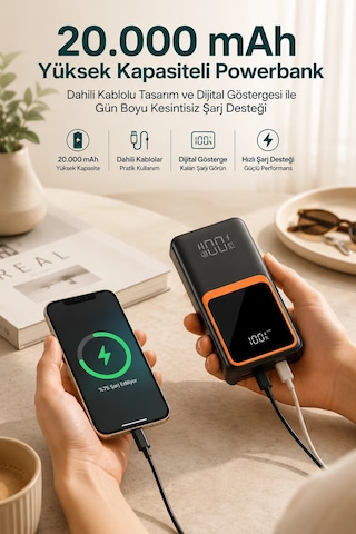 20.000 Mah Taşınabilir Şarj Cihazı Dijital Göstergeli Kablolu Powerbank Siyah