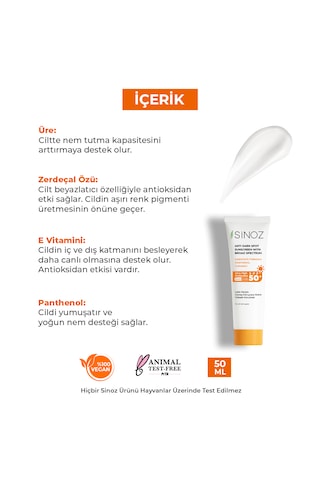 Sinoz Leke Karşıtı Yüksek Koruyucu Normal ve Kuru Ciltler İçin Yüz Güneş Kremi SPF50+ 50 ML