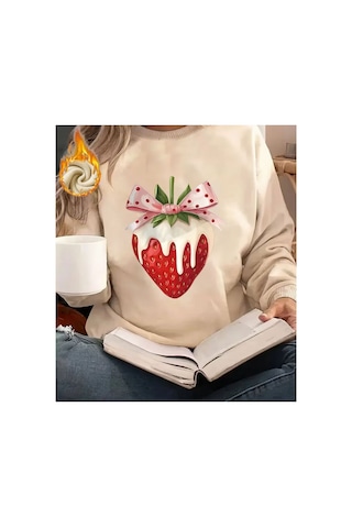 Herkesemoda Çilek Kurdele Baskı Detaylı Bisiklet Yaka Sweatshirt Bej
