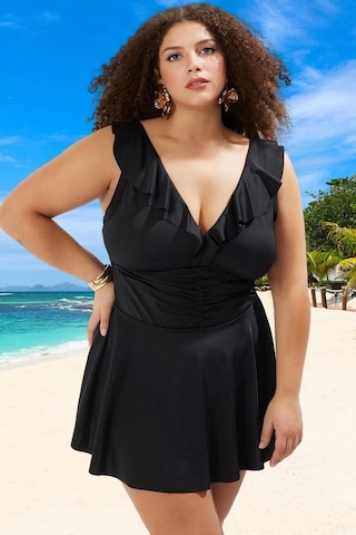 Ersefa Konforlu Plus Size Mayo Tasarım Büyük Beden Yüksek Konfor Uv Koru Siyah