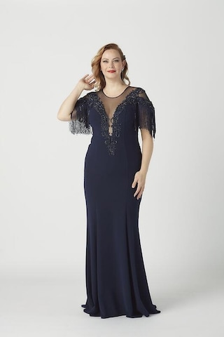 Moda Berray 8009 İşlemeli Püsküllü Büyük Beden Uzun Abiye Lacivert