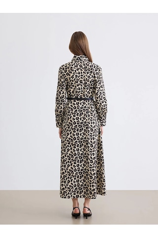LC Waikiki Kahverengi Leopar Desenli Kemerli Poplin Gömlek Elbise