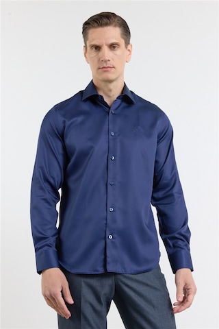 İmza Lacivert Saten İtalyan Yaka Uzun Kol Cepsiz Slim Fit Pamuk Gömlek 1004255231 XL
