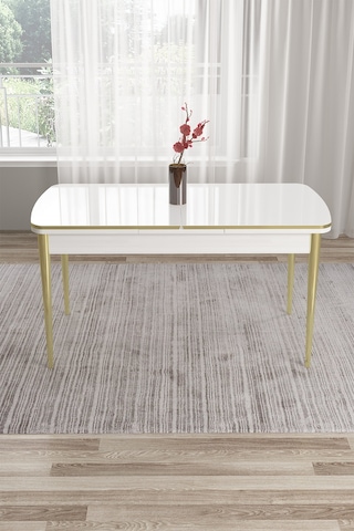Canisa Nira Serisi 70x114 Mdf Açılabilir Beyaz Mutfak Masa Takımı 4 Gri Sandalye Gold Detay Beyaz Masa Gri Sandalye Gold Ayaklar