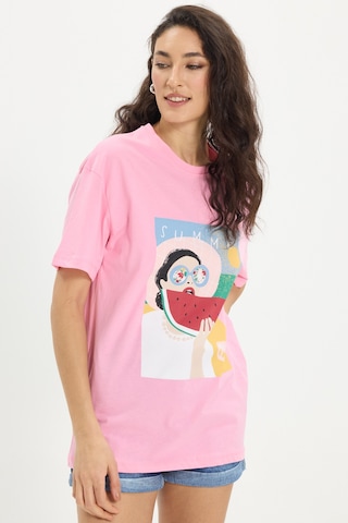 Tudors Kadın Oversize Geniş Kesim %100 Pamuk Bisiklet Yaka Kısa Kollu Baskılı Pembe Tişört-50352